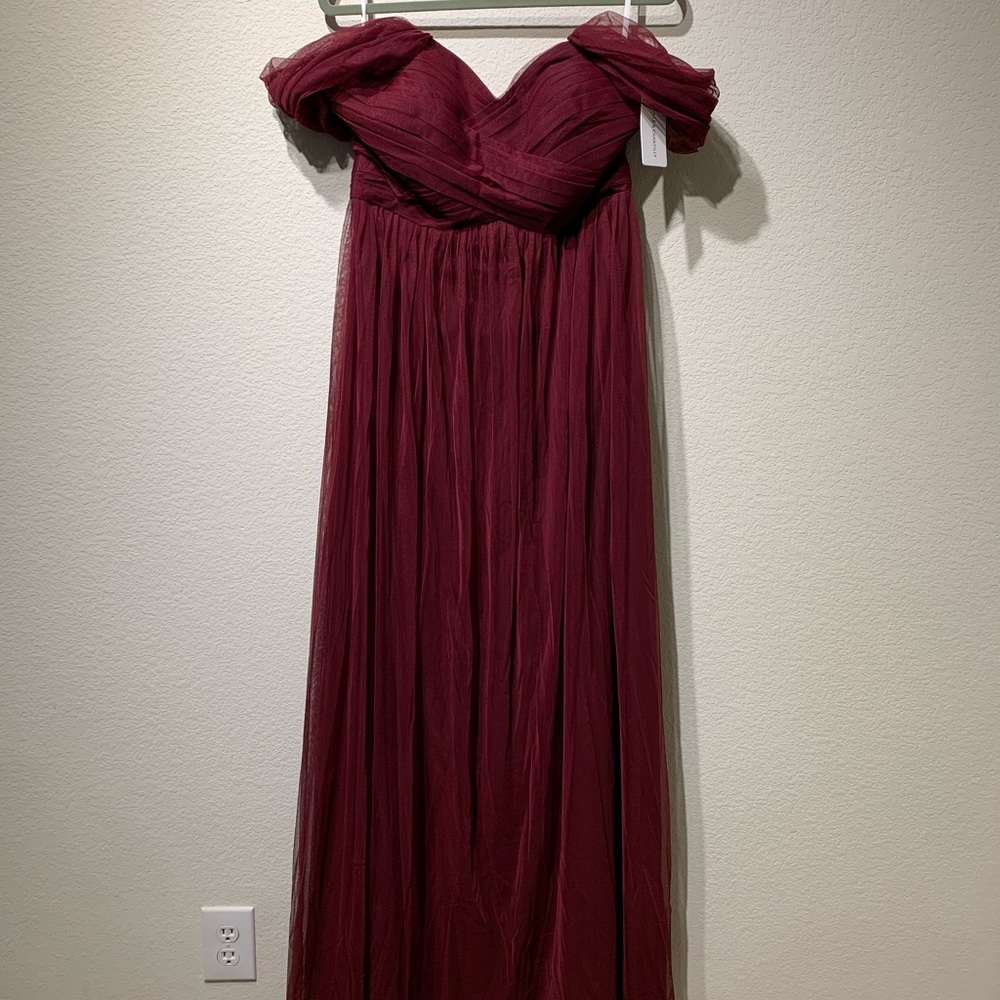 Long Burgundy Off Shoulder Tulle Dress